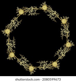 Round floral frame. Wreath of blooming branches of Adonis flower. Pheasant's eye. Golden glossy silhouette on black background.