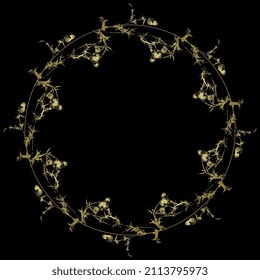 Round floral frame. Wreath of blooming thistle plant branches. Golden glossy silhouette on black background.
