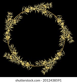 Round floral frame. Wreath of juniper branches. Golden glossy silhouette on black background.