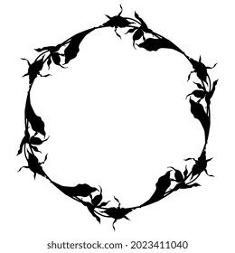 Round floral frame. Wreath of Lady's slipper flower branches. Wild orchid. Cypripedium calceolus. Black silhouette on white background.