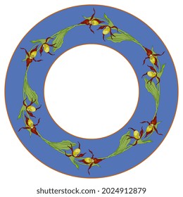 Round floral frame. Wreath of Lady's slipper flower branches in a ring. Wild orchid. Cypripedium calceolus.
