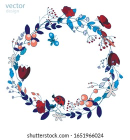 Round floral frame wreath  with place for text inside isolated on white background. Flowers, butterflies and ladybug hand-drawn in trendy blue and red contrasting colors. Vector eps10