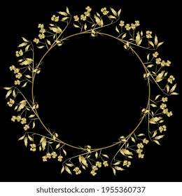 Round floral frame. Wreath of spindle tree branches (Euonymus europaeus) with leaves and berries. Golden glossy silhouette on black background. svg