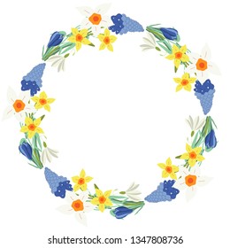 Round floral frame wreath with spring flowers elements. Pretty flowers for season design.
