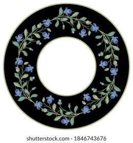 Round floral frame. Wreath of stylized branches with blue flowers in a ring. Folk style.