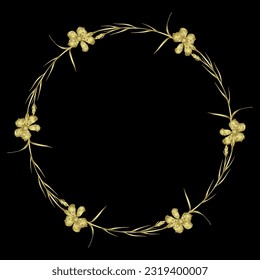 Round floral frame. Wreath of wildflowers. Circular botanical border with blooming branches of wild carnation flower. Golden glossy silhouette on black background.