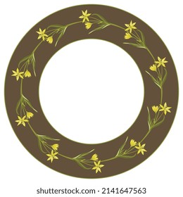 Marco floral redondo con flores silvestres de primavera amarillas. Corona de ramas florecientes de Gagea lutea en un anillo. Estrella de la flor de Belén. De fondo marrón. 