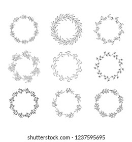 Round floral frames. Botanical garlands set. Vector isolated design elements. Vintage vine hand drawn wreaths.