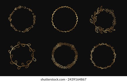 Marcos florales redondos en color dorado. Diseño de elementos para avatares de juegos, botones. Marcos de oro decorativos dibujados a mano.