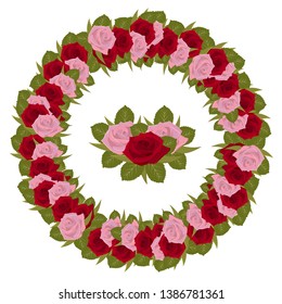 Round floral garland with roses. For season design, announcements, postcards and posters. Festive floral circle for your season design