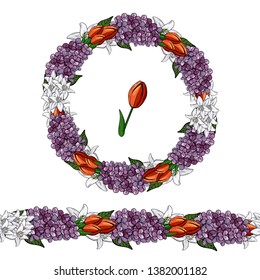 Round floral garland with violet lilac and red tulips. Endless horizontal pattern brush. For season design, announcements, postcards and posters. Festive floral circle for your season design