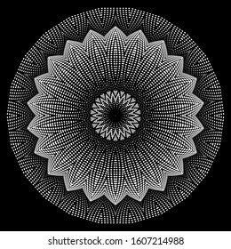 Round floral halftone 3d vector mandala pattern. Dotted abstract textured background. Modern digital ornate backdrop with circles, dots. Surface textured half tone flower ornament. Radial design.