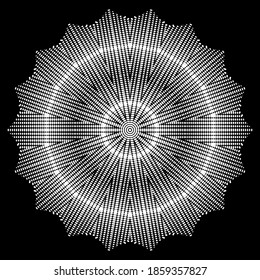 Round floral halftone 3d vector mandala pattern. Dotted abstract background. Modern digital ornate backdrop with circles, dots. Surface textured half tone zigzag flower ornament. Radial zig zag design