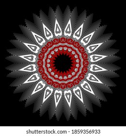 Round floral halftone vector mandala pattern. Line art abstract textured background. Modern ornate backdrop with zigzag lines, circles. Surface half tone zig zag flower ornament. Radial ethnic design.