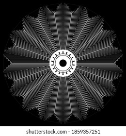 Round floral halftone vector mandala pattern. Line art abstract textured background. Modern ornate backdrop with zigzag lines, circles. Surface half tone zig zag flower ornament. Radial modern design.