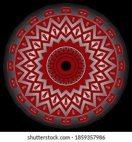 Patrón de manala de medio tono floral redonda vectorial mandala. Fondo texturizado abstracto de arte de línea. Moderno fondo ornamentado con líneas de zigzag, círculos. Ornamento de flor de zag en semitono de superficie. Diseño étnico radial.