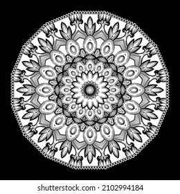 Round floral lacy mandala pattern. Ornamental black and white flowers background. Tribal ethnic style beautiful backdrop. Ornate lace ornaments. Abstract radial shapes, circles, frames, borders.