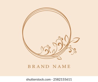 Round floral logo with leaf and vine patterns with botanical motifs. Suitable for branding, packaging, cosmetic products, wedding themes.