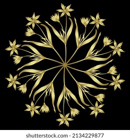 Round Floral Mandala With Blooming Branches Of Star Of Bethlehem Flower. Gagea Lutea. Spring Wildflower. Golden Glossy Silhouette On Black Background.