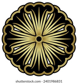 Round floral mandala or decorative element with stylized datura or lily petals and cross motif. Black and gold silhouette on white.