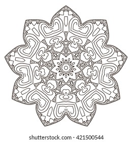 Round floral mandala drawn in thin lines for coloring