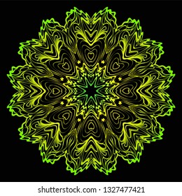 Round Floral Mandala Ornament. Vector Illustration. Isolated. Oriental Design Layout. Black green color.