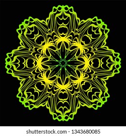 Round Floral Mandala Ornament. Vector Illustration. Isolated. Oriental Design Layout. Black green color.
