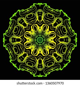 Round Floral Mandala Ornament. Vector Illustration. Isolated. Oriental Design Layout. Black green color.