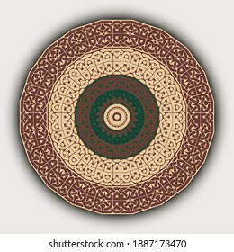 Round floral mandala pattern. Celtic style ornamental vector background. Modern ornate backdrop. Geometric rosette ornament with circles, intricacy lines, shapes. Colorful decorative abstract design.