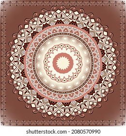 Round floral mandala pattern. Square floral frame. Ethnic style beautiful border ornaments. Vector ornamental background. Folkloric colorful backdrop. Circles, flowers, shapes. For prints, shawl, card