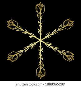 Round floral mandala. Six point star shape with stylized branches of tulip flower. Golden silhouette on black background.