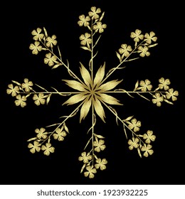 Round floral mandala or star with blooming branch of Hesperis Alba flowers. Dame's Rocket. Sweet Rocket. Golden glossy silhouette on black background.