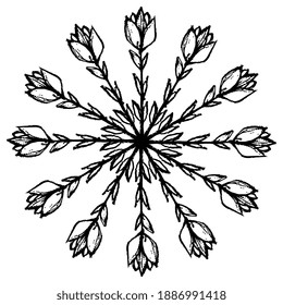 Mandala floral redonda. Forma estelar con ramas estilizadas de la flor tulipana. Silueta negra de fondo blanco.