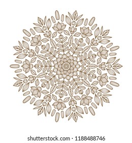 Mandala floral redonda. Mandala boho vetorial em estilo gráfico. Mandala com padrões florais. Modelo de ioga
