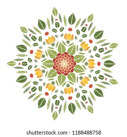 Round floral mandala. Vector boho mandala in green and pink colors. Mandala with floral patterns. Yoga template
