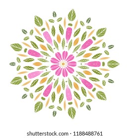 Round floral mandala. Vector boho mandala in green and pink colors. Mandala with floral patterns. Yoga template
