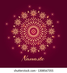 Round floral Mandala vector illustration with Namaste indian word. Circle ethnic ornament on red background with glowing lights. Folk, relax, harmony, balance theme