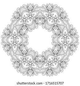 Round floral mandala with vintage and leaf elements on white isolated background. Good for coloring book pages.