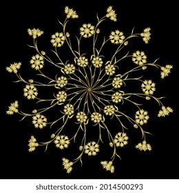 Round floral mandala with wildflowers. Star shape bouquet with blooming branches of cornflower or knapweed plant. Golden glossy silhouette on black background.