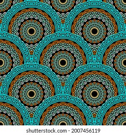 Round floral mandalas seamless pattern. Vector ornamental background. Repeat Deco backdrop. Beautiful tiled colorful ornaments. Greek ethnic style ornate design with meanders frames. Endless texture.