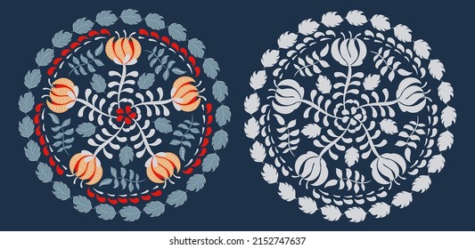 Round floral motif in folklore style. Design for logo, stamps, postcards, printing on clothes.