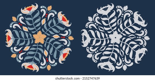 Round floral motif in folklore style. Design for embroidery, logo, stamps, postcards, printing on clothes. Fancy shapes, curls.