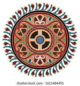 Round floral oriental Kazakh, Uzbek, Asian, Turk nomadic boho style damask islamic floral ornamental motifs in brown, orange, green colors. Solar circle composition, isolated. Vector illustration