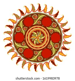 Round floral oriental Kazakh Uzbek, Persian, Arabian, Asian boho style damask islamic ornamental motifs in red, green, yellow, orange colors. Solar circle composition, isolated. Vector illustration.