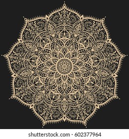 Round floral ornament with arabesques and floral elements. Traditional classic gold round ornament
