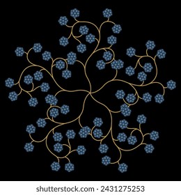 Round floral ornament with blooming branches. Botanical mandala with blue berries or fruits. Folk style. On black background.