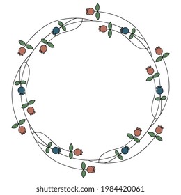 Round floral ornament or frame. Wreath of stylized branches with leaves and berries. Folk style.