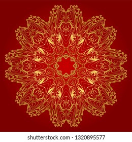 Round Floral Ornament Mandala. Vector Illustration.. For Home Decor, Interior Design, Coloring Book, Greeting Card, Invitation, Tattoo. Anti-Stress Therapy Pattern. Red, gold color.