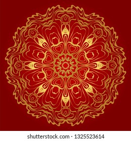 Round Floral Ornament Mandala. Vector Illustration.. For Home Decor, Interior Design, Coloring Book, Greeting Card, Invitation, Tattoo. Anti-Stress Therapy Pattern. Red, gold color.
