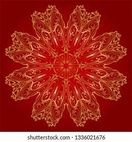 Round Floral Ornament Mandala. Vector Illustration.. For Home Decor, Interior Design, Coloring Book, Greeting Card, Invitation, Tattoo. Anti-Stress Therapy Pattern. Red, gold color.